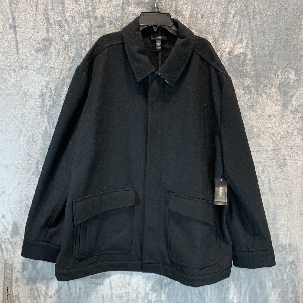 Alfani Men's Coat Jacket L Snap Front Wool Blend‎ Black Collar Pockets